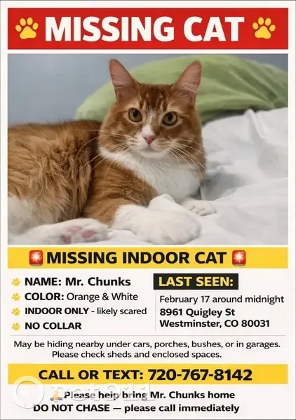 Help Find Mr. Chunks: Missing Cat Alert! - photo