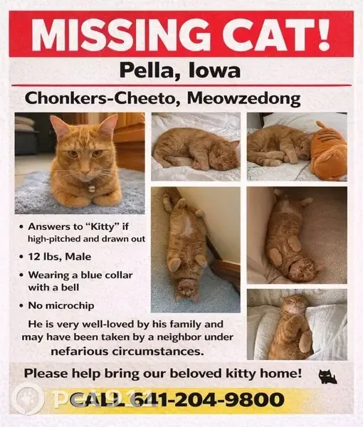 Lost male cat, Neil Drive, Pella - orange with blue collar - photo