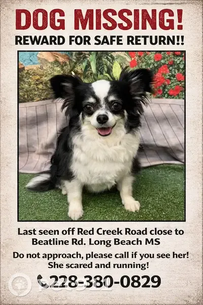 Lost female dog, Red Creek Road, 8102, Long Beach - black and white long hair chihuahua - photo