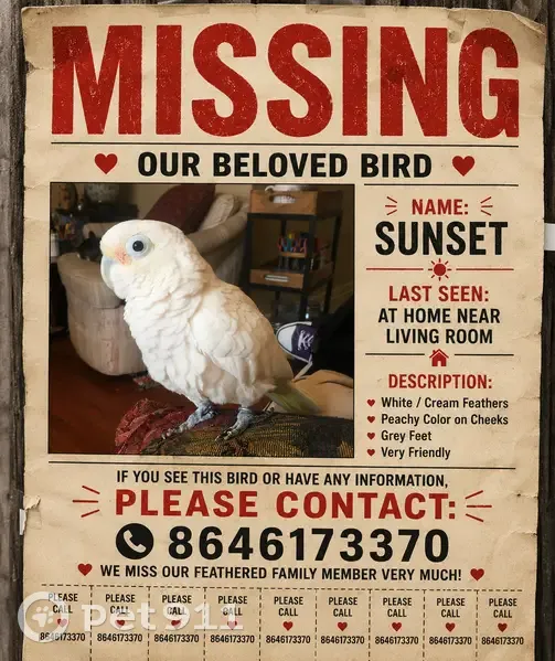 Lost bird, Jim Garrett Road, 472, Belton - female, white with peach tones - photo