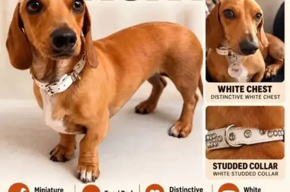 Lost pets Woollahra, photo: Lost dog, female, Roylston Street, 1A, Woollahra — mini tan Dachshund with white collar